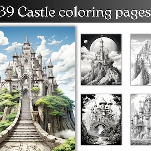 39 Fantasy Castle Coloring Pages: Grayscale Coloring Book (Printable PDF)