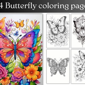 44 Butterfly Coloring Pages Printable Flower Butterflies Coloring Book Grayscale Coloring for Adults and Kids Fantasy Coloring