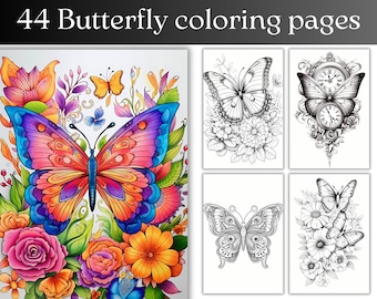 44 Butterfly Coloring Pages Printable Flower Butterflies Coloring Book Grayscale Coloring for Adults and Kids Fantasy Coloring