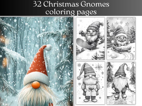Christmas Gnomes Coloring Pages: 32 Holiday Art Designs (Digital Download)