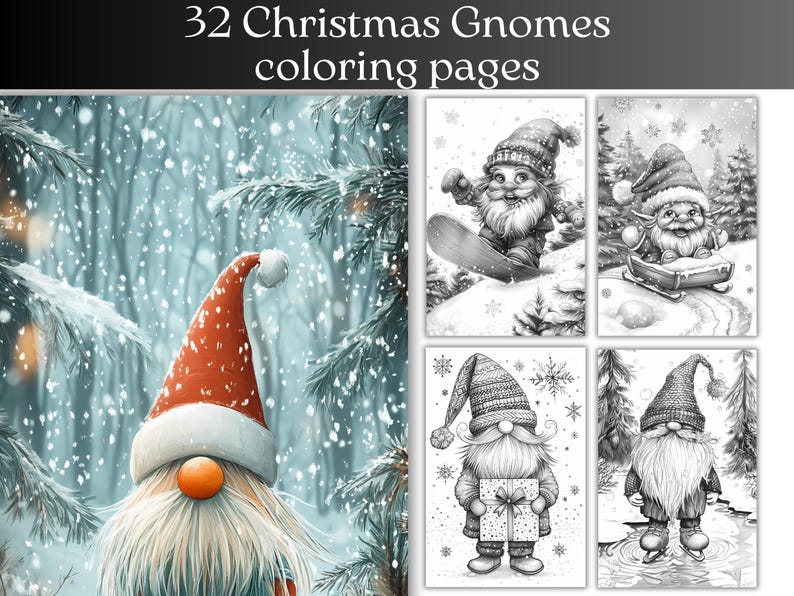 Puede incluir: La imagen presenta un tema navide&ntilde;o con un gnomo que lleva un gorro rojo con un pomp&oacute;n blanco. La imagen tambi&eacute;n muestra cuatro ilustraciones en blanco y negro de gnomos realizando actividades invernales. El texto en la parte superior dice "32 p&aacute;ginas para colorear de gnomos navide&ntilde;os."