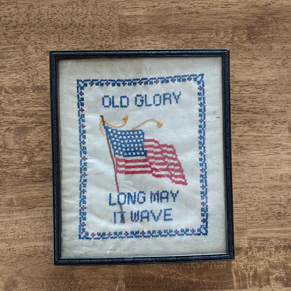 Old Glory Cross Stitch, Patriotic Cross Stitch, Vintage Framed Cross Stitch, Home Decor, Rare Find, Red, White and Blue