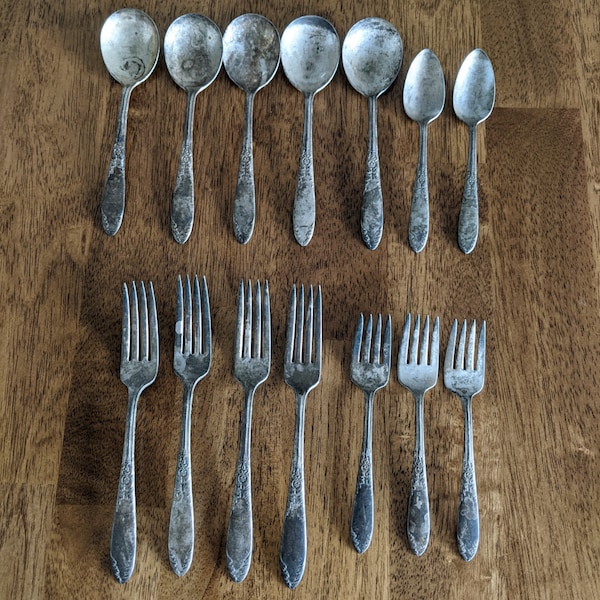 14 Piece Silverware 1936 King Edward National Silver Co., Vintage, Lot of Vintage Silverware, Spoons and Forks, Collectible, Home Decor