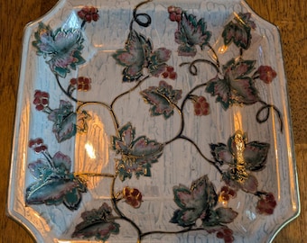 Square Decorative Ceramic Dish, Vintage, Trinket Tray, Grape Leaves and Vines, Home Decor