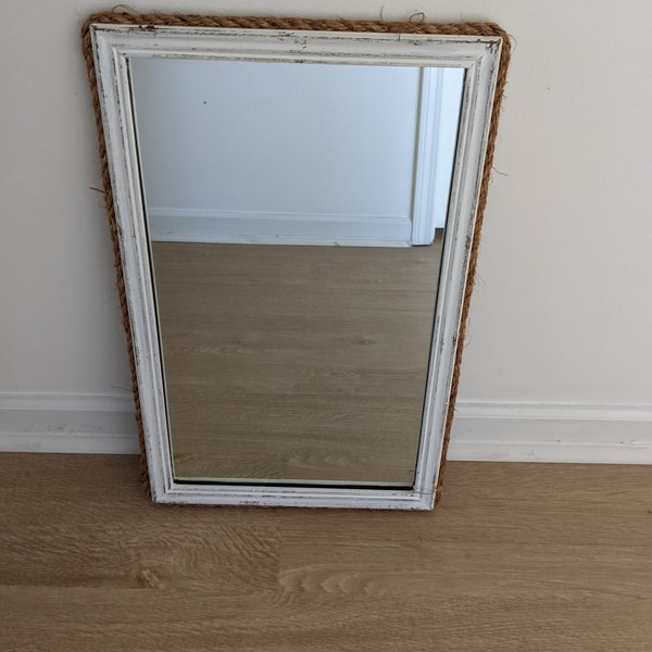 Rope Accent Mirror, Vintage, White Distressed Framed Mirror, Nautical Mirror, Coastal Mirror, Cottage Mirror, Farmhouse Mirror, Wall Decor,