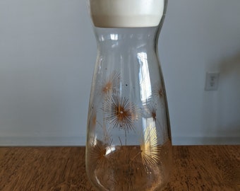 Pyrex Glass Juice Carafe With Gold Atomic Dandelions, Vintage, 1950's, 32 ounce, Retro, Kitchen Decor, Breakfast Table,  Barware, Gift