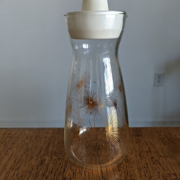 Pyrex Glass Juice Carafe With Gold Atomic Dandelions, Vintage, 1950's, 32 ounce, Retro, Kitchen Decor, Breakfast Table,  Barware, Gift