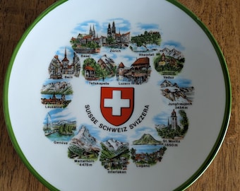 Souvenir Plate, Switzerland, Vintage, Porcelain, Landmarks, Swiss Coat of Arms, Wall Decor, Collectible