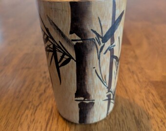 Japanese Hand Painted Bamboo Sake Cup, Vintage, Sumi-e Style, Pencil Holder, Vase, Brush Holder, Home Decor
