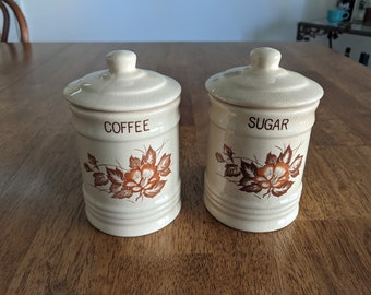 Ceramic Canisters, Vintage, Small Coffee and Sugar Canisters, Wild Rose Print, Cream, Brown and Rust, Kitchen Decor, Cottage Core, Retro