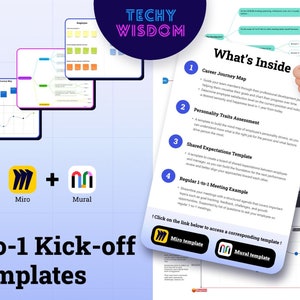 May include: A colorful infographic with the title "1-to-1 Kick-off Templates" and the text "Techy Wisdom" in a purple and pink gradient. The infographic shows four different templates for 1-to-1 meetings, including a career journey map, personality traits assessment, shared expectations template, and a regular 1-to-1 meeting example. The infographic also includes logos for Miro and Mural, two online collaboration tools.