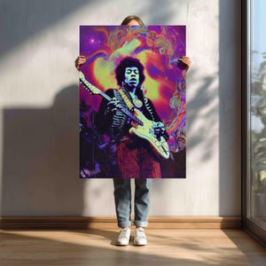 May include: A colourful poster depicting a musician playing a white electric guitar against a psychedelic backdrop. The artwork features swirling patterns in purple, yellow, and orange. The musician is dressed in black and wears a necklace.