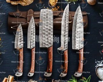 Handmade Damascus steel chef knives set of 5 pcs | chef set with leather bag