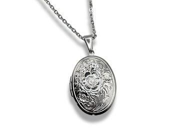 Silver 'Eva' Vintage-Inspired Floral Oval Locket Necklace