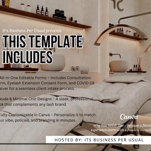 Puede incluir: Una plantilla de diseño gráfico para negocios de pestañas. La plantilla incluye formularios editables, diseños minimalistas elegantes y es totalmente personalizable en Canva. El texto "This Template Includes" se muestra en letras grandes y negritas. El texto "Hosted by: Its Business Per Usual" se muestra en la parte inferior de la imagen.