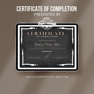 May include: A digital certificate of completion displayed on a tablet. The certificate has a dark background with gold text that reads "Certificate of Completion." The tablet is on a brown surface. The website and social media handle are at the bottom.