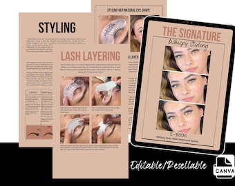 May include: An e-book titled "The Signature Whispy Styling" displayed on a tablet, with images of a woman's face with lash extensions. Accompanying pages detail lash styling and layering techniques, with the text "Editable/Resellable" and a Canva logo.
