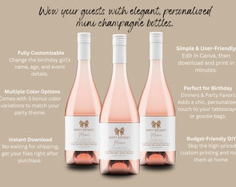 Elegante verjaardagslabels champagnefles bewerkbare canvassjabloon 187 ml direct downloaden