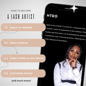 Peut inclure: Un graphique avec le texte "Comment devenir une artiste des cils" et une liste d'étapes : Investir dans la formation, Construire une clientèle, Studio à domicile vs location de poste de cils, Service à la clientèle, et bien plus encore. Le graphique comprend également une capture d'écran d'un téléphone avec le texte "NTRO" et une description de l'expérience de l'auteur en tant qu'artiste des cils.
