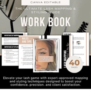 Può includere: Un quaderno di lavoro intitolato "The Ultimate Lash Mapping & Styling Guide" con il testo "WORK BOOK" a caratteri grandi. La copertina presenta il volto di una donna con mappatura delle ciglia. Il quaderno di lavoro include 40 pagine ed è modificabile su Canva.