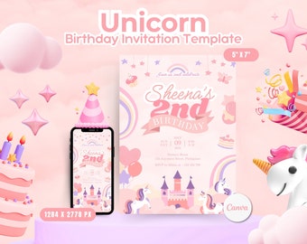 Editable Unicorn Birthday Invitation Template Canva Magical Girls Fairytale Rainbow Pastel Kids Party Template Pink Digital Invitation