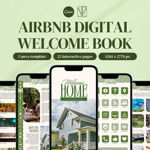 Digital Airbnb Welcome Book Canva Template Green Digital Airbnb House Book Template Canva Digital Guest Book VRBO Short Term Rental Vacation