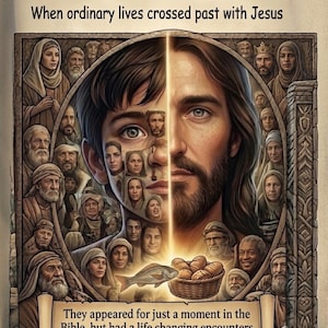 May include: A digital illustration titled TELL ME MORE! (Pt. 1) When ordinary lives crossed past with Jesus. The image features a split face of a child and Jesus, surrounded by various people, a fish, and a basket of bread on a scroll background.