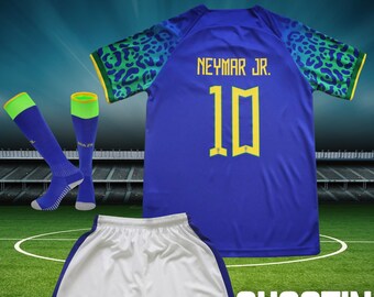 Kit de maillot de football pour enfants Neymar Brésil 2022 | Édition spéciale limitée à l'extérieur | Chaussettes courtes en jersey pour garçons filles tailles jeunes | Uniforme de football