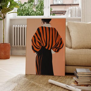 Arte murale contemporanea a strisce di tigre, decorazione femminile, poster digitale di moda a strisce, illustrazione di ritratto minimalista, belle arti eclettiche