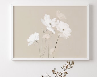 White Flower Watercolor Print, Beige Botanical Wall Art (Digital Download)