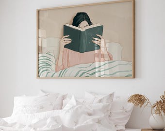 Woman Reading in Bed Wall Art, Library Decor, Book Lover Digital Print, Reading Book Poster, Contemporary Striped Art, Cozy Bedroom Art