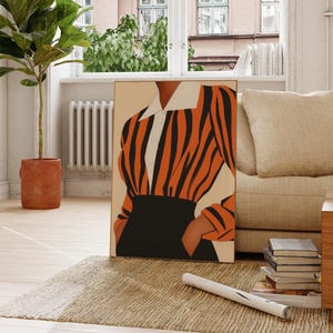Arte murale contemporanea a strisce di tigre, decorazione femminile, stampa di moda, poster a strisce, illustrazione di ritratto minimalista, belle arti eclettiche