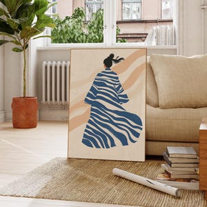 Arte murale a strisce contemporanea, decorazione femminile, stampa artistica di moda, stampa a strisce, illustrazione di ritratto minimalista, belle arti eclettiche