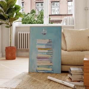 Book Lover Print, Stack of Books Wall Art, Bookworm Painting, Dusty Blue Printable Wine and Books Art, Pastel Reading Decor, Library Art