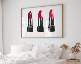 Väggkonsttryck med rött läppstift, moderiktig glamourdekor (digital nedladdning)