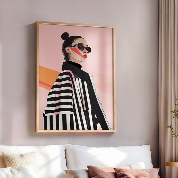 Abstract Woman Decor, Contemporary Striped Wall Art, Colorful Art Print, Stripes Print, Minimalist Portrait Illustration, Eclectic Fine Art