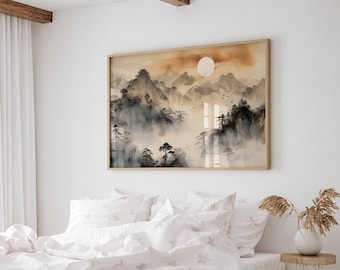 Japandi Mountains Landscape Wall Art, Minimalist Modern Japanese Digital Art, Wabi Sabi Modern Print Poster, Scandi Trendy Aesthetic Decor