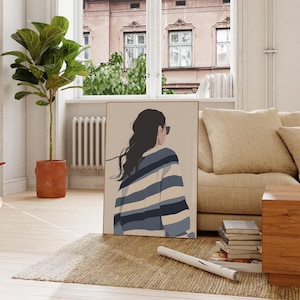 Arte murale alla moda a strisce, decorazione femminile, poster di moda, stampa a strisce contemporanea, illustrazione di ritratto minimalista, belle arti eclettiche