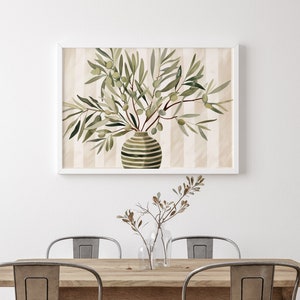 Olivenzweige im Topfdruck, Beige Grün Rustikale italienische Wandkunst, Boho Esszimmer-Wanddekoration, griechische rustikale Malerei, Olivenkunst-Plakat