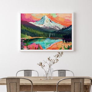 Maximalist Landscape Wall Art, Vibrant Floral Print, Abstract Colorful Mountain Art, Acrylic Illustration Poster, Modern Scenery Digital Art