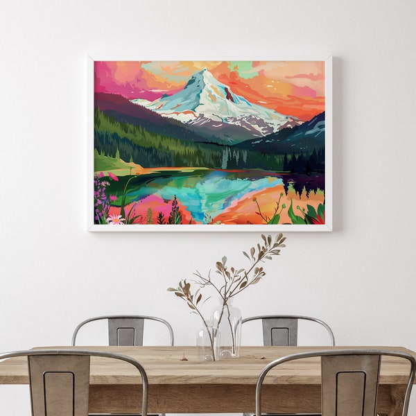 Maximalist Landscape Wall Art, Vibrant Floral Print, Abstract Colorful Mountain Art, Acrylic Illustration Poster, Modern Scenery Digital Art