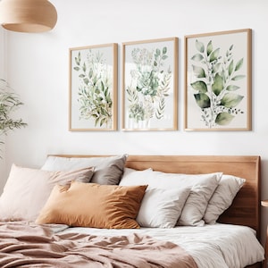 Impresión botánica de acuarela, verde salvia, arte de flores silvestres, conjunto floral boho de 3, decoración moderna del hogar, conjunto de arte de carteles de flores silvestres, arte de pared boho