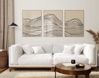 Abstract Line Drawing Set of 3, Minimalist Lines Art, Japandi Wall Art, Wabi Sabi Neutral Beige & Blue Print, Beige Printable, Scandi Art