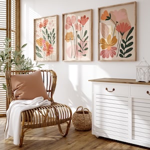 Flowers Boho Abstract Print Set of 3, Floral Wall Art, Vintage Art Print, Flower Market Poster, Boho Printable Art, Painted Flowers Print