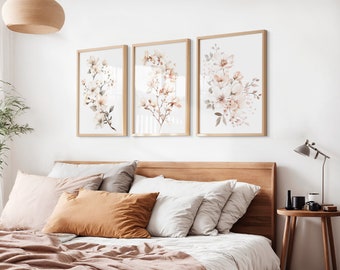 Pink Floral Art Prints Set, Bedroom Botanical Decor (Digital Download)