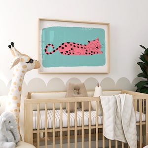Kids Room Cat Decor, Funny Cat Animal Print, Nursery Pastel Interior Wall Art, Mid Century Modern Children&#39;s Art, Playroom Printable Art