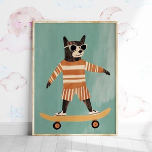 Skateboarding Hund Spielzimmer Wandkunst, Verspieltes Kinderzimmer Poster, Buntes Kinderzimmer Tier Poster, Lustiges Kinderzimmer Dekor