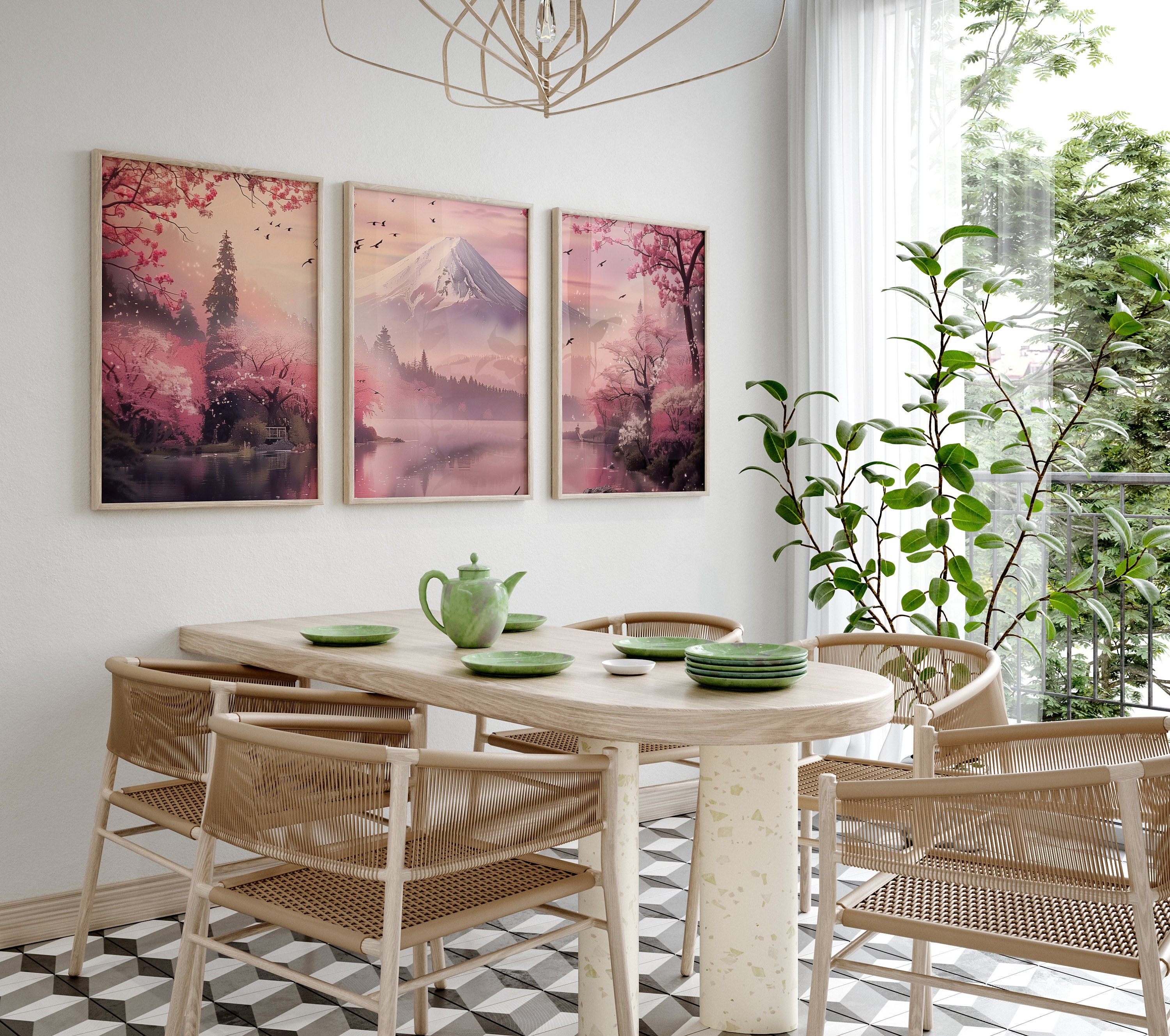 Japandi Wall Art Set, Mount Fuji Cherry Blossom Prints (digital