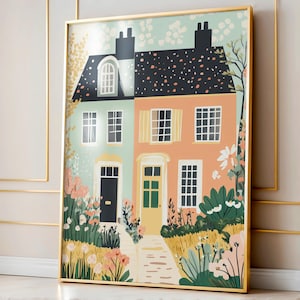 Cute Pastel Townhouses Print, Colorful Houses Art, Whimsical Houses Decor, Cityscape Pastel Illustration, Colorful House and Flowers Poster