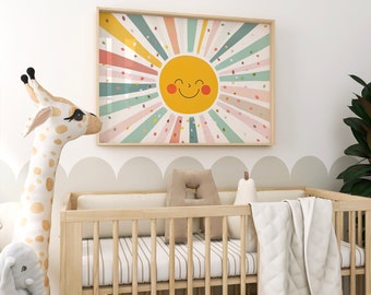 Happy Sun Nursery Print, Pastel Kids Room Decor (Digital Download)